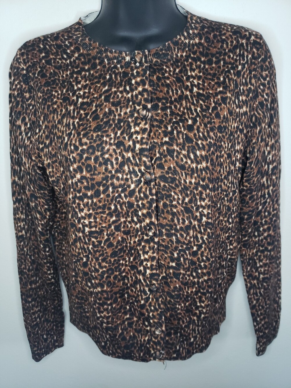 Talbots Leopard Print Crewneck Cardigan - Brown/Black